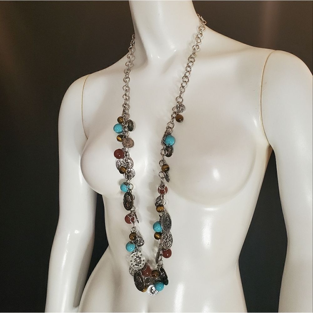 Graziano Silver, Blue, Red, & Brown Tigereye Dangling Coin & Bead Necklace